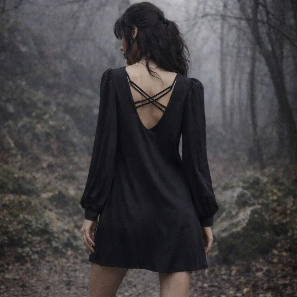 Shaye Blue Womens Fairy Grunge Black Sheer Sleeve Mini Dress Whimsigoth Vamp M